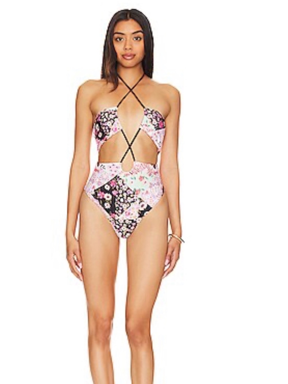 Floral Patchwork Crisscross One-Piece Swimsuit - Pink/Black